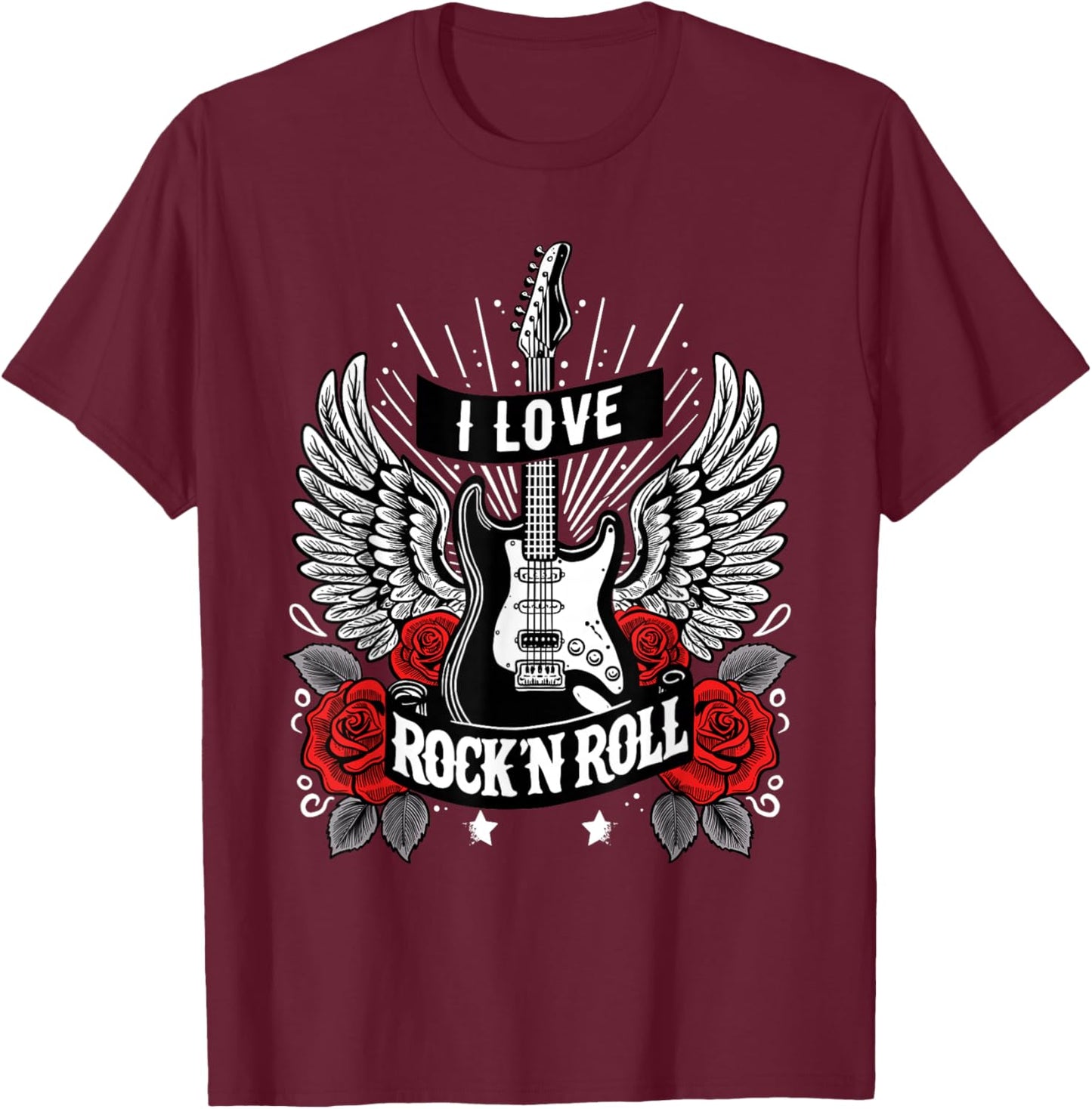 I Love Rock And Roll Retro Electric Guitar Rock&Roll , Black, S T-Shirt - T-Shirt | Maroon