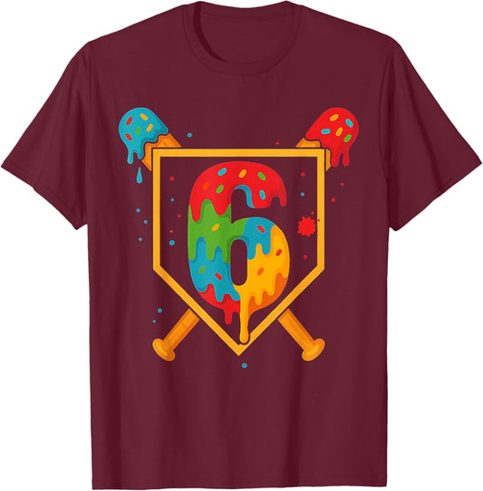 Happy Birthday 6 Year Old Baseball Ice Cream Sprinkle 6 Kids T-Shirt - T-Shirt | Maroon