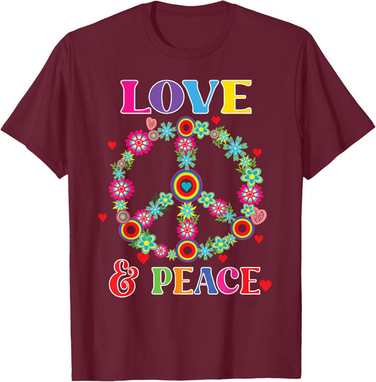 Peace Love 60s 70s Flower Power Hippie Outfit T-Shirt - T-Shirt | Maroon