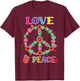 Peace Love 60s 70s Flower Power Hippie Outfit T-Shirt - T-Shirt | Maroon