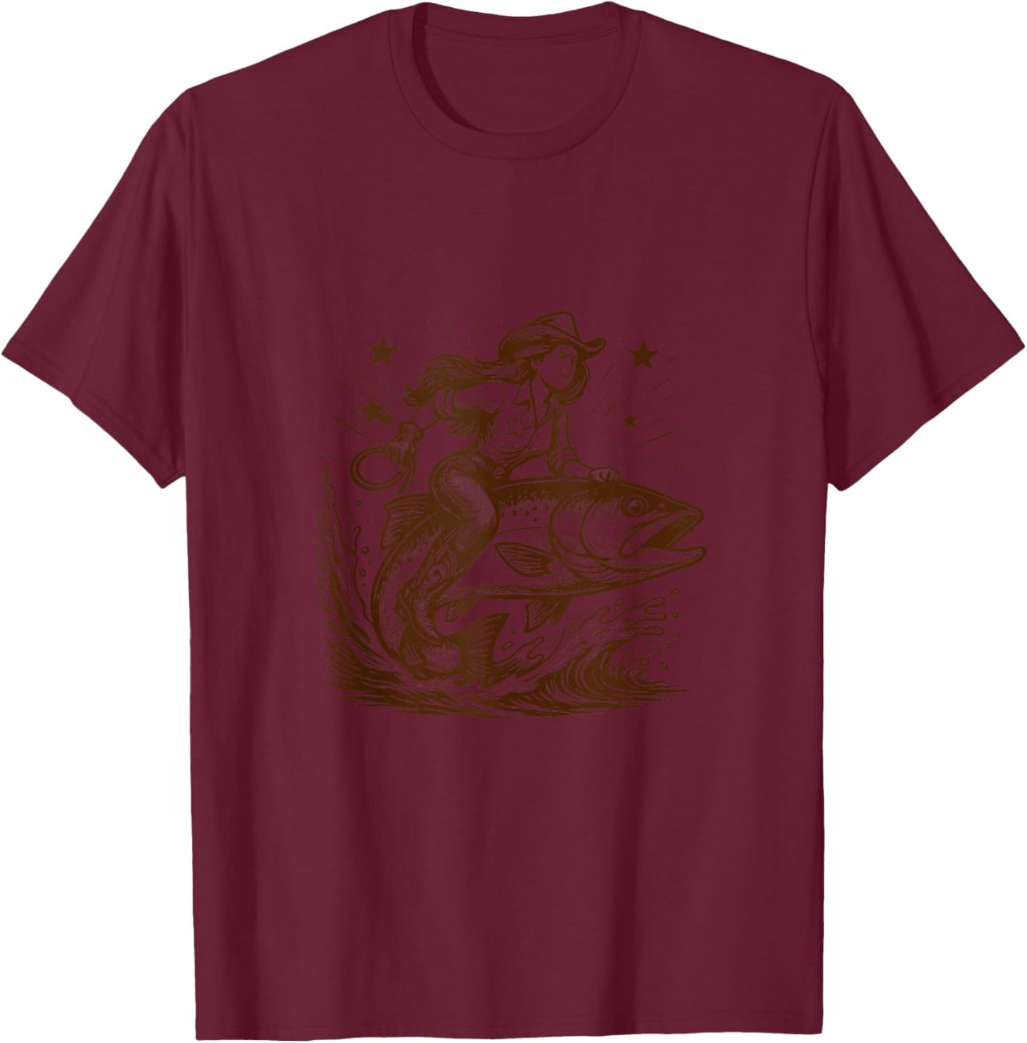 Western Wild West Rodeo Fishing Lover Cowgirls Riding Fish T-Shirt - T-Shirt | Maroon