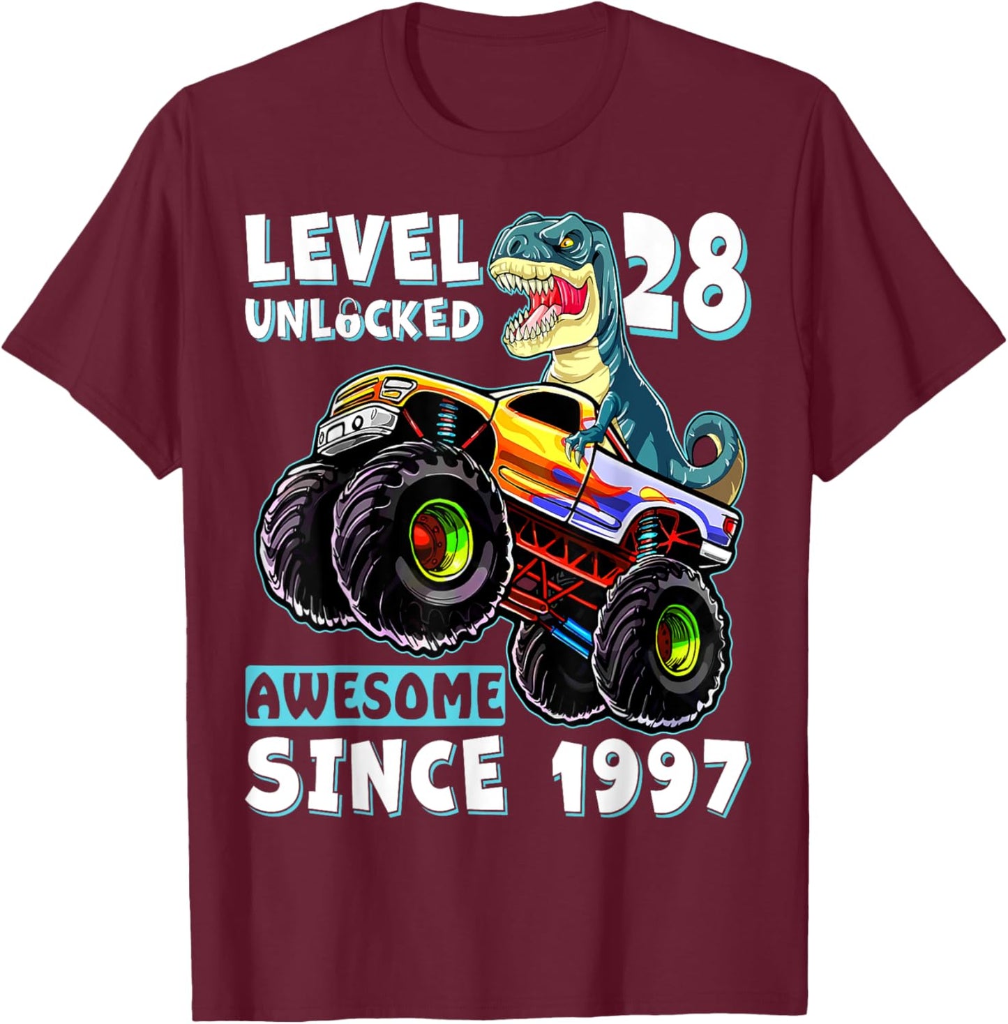 Level 28 Unlocked T Rex Monster Truck Dinosaur 28th Birthday T-Shirt - T-Shirt | Maroon