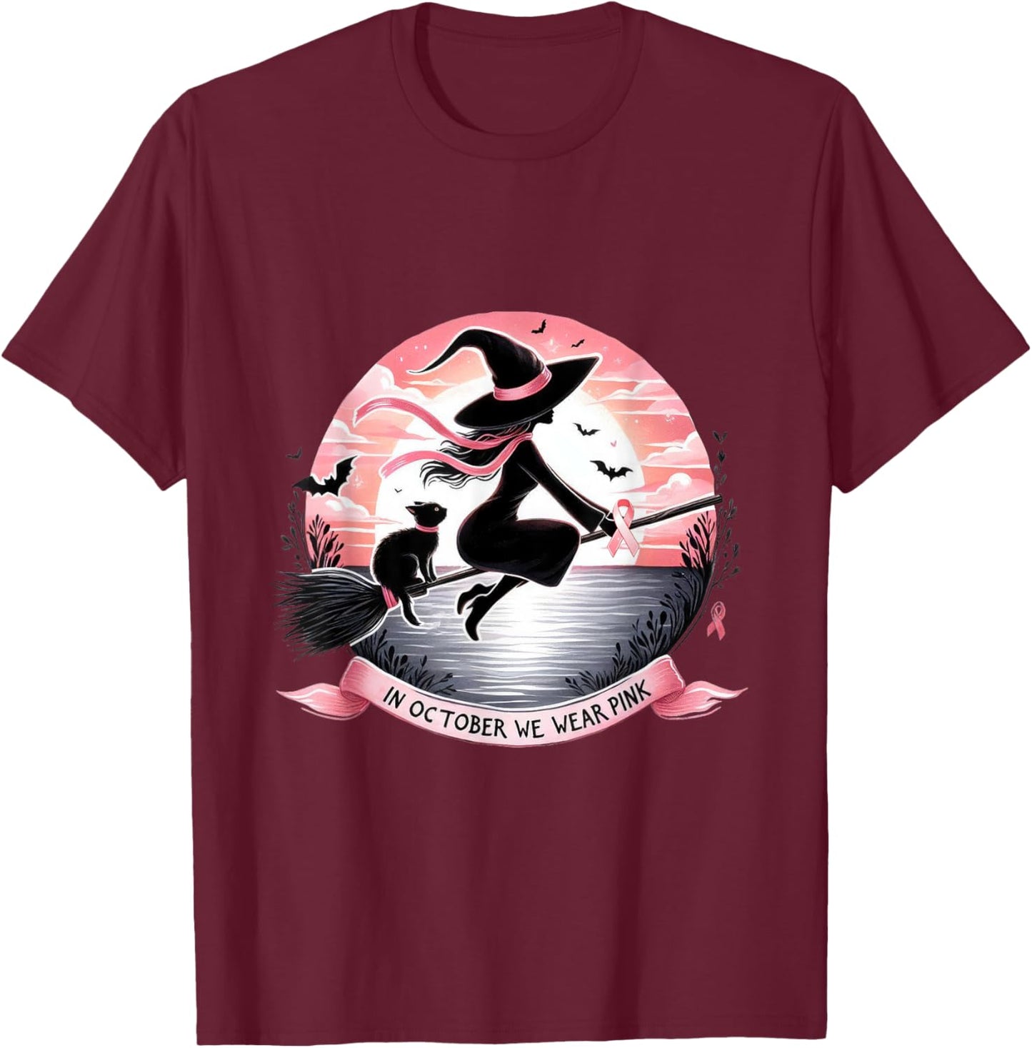 Witch In October We Wear Pink Ribbon Breast Cancer Awareness T-Shirt - T-Shirt | Maroon