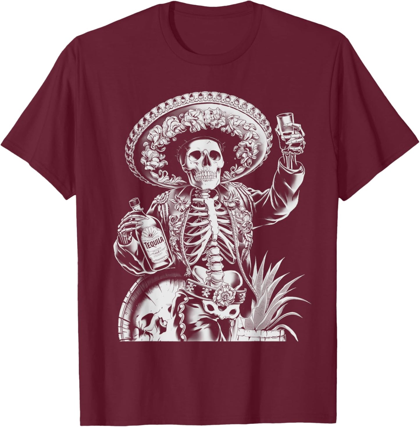 Mexico Vintage Skeleton Tequila Dia De Los Muertos Mexican T-Shirt - T-Shirt | Maroon