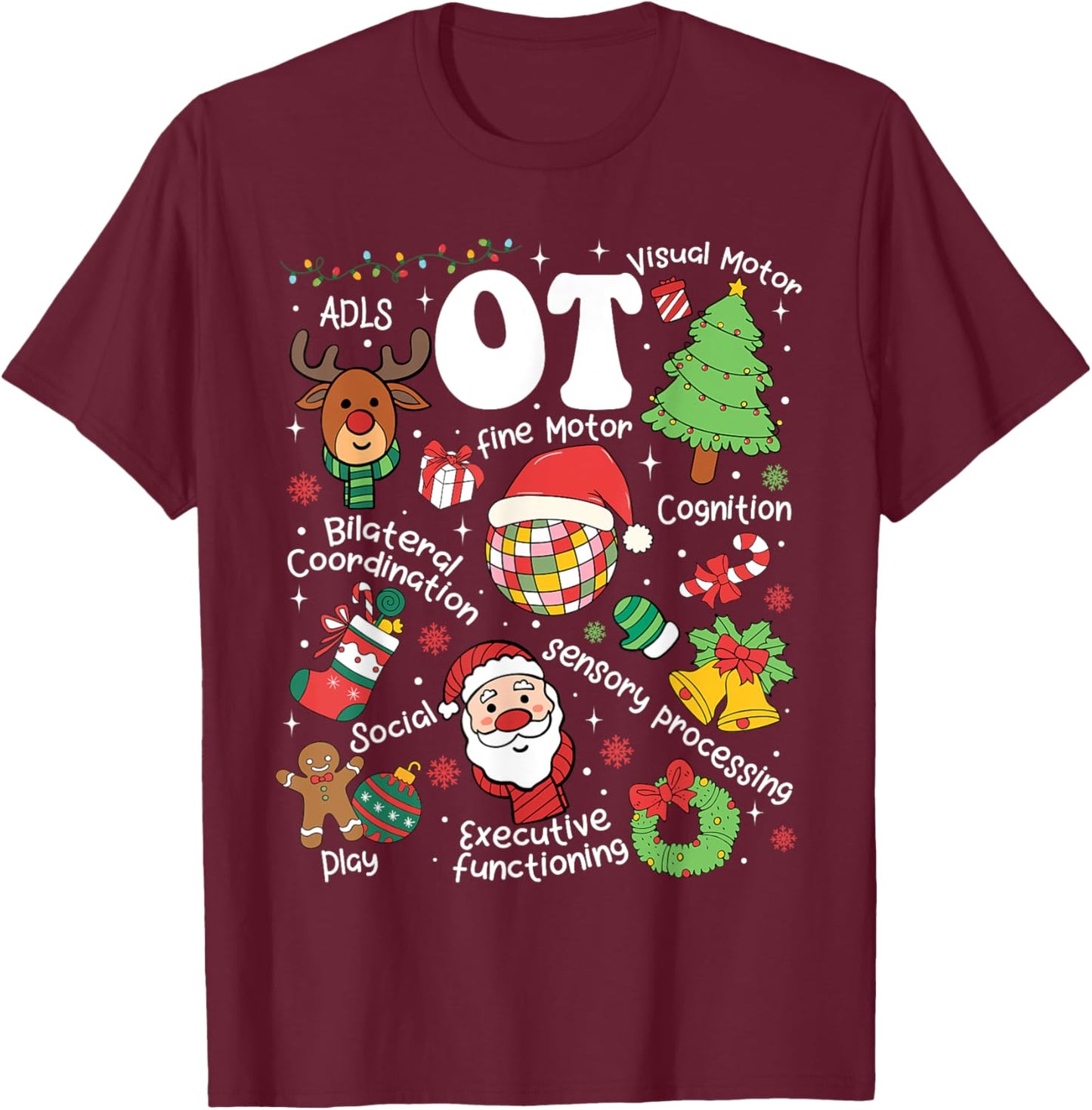 Occupational Therapy Christmas Retro Groovy OT Therapist T-Shirt - T-Shirt | Maroon