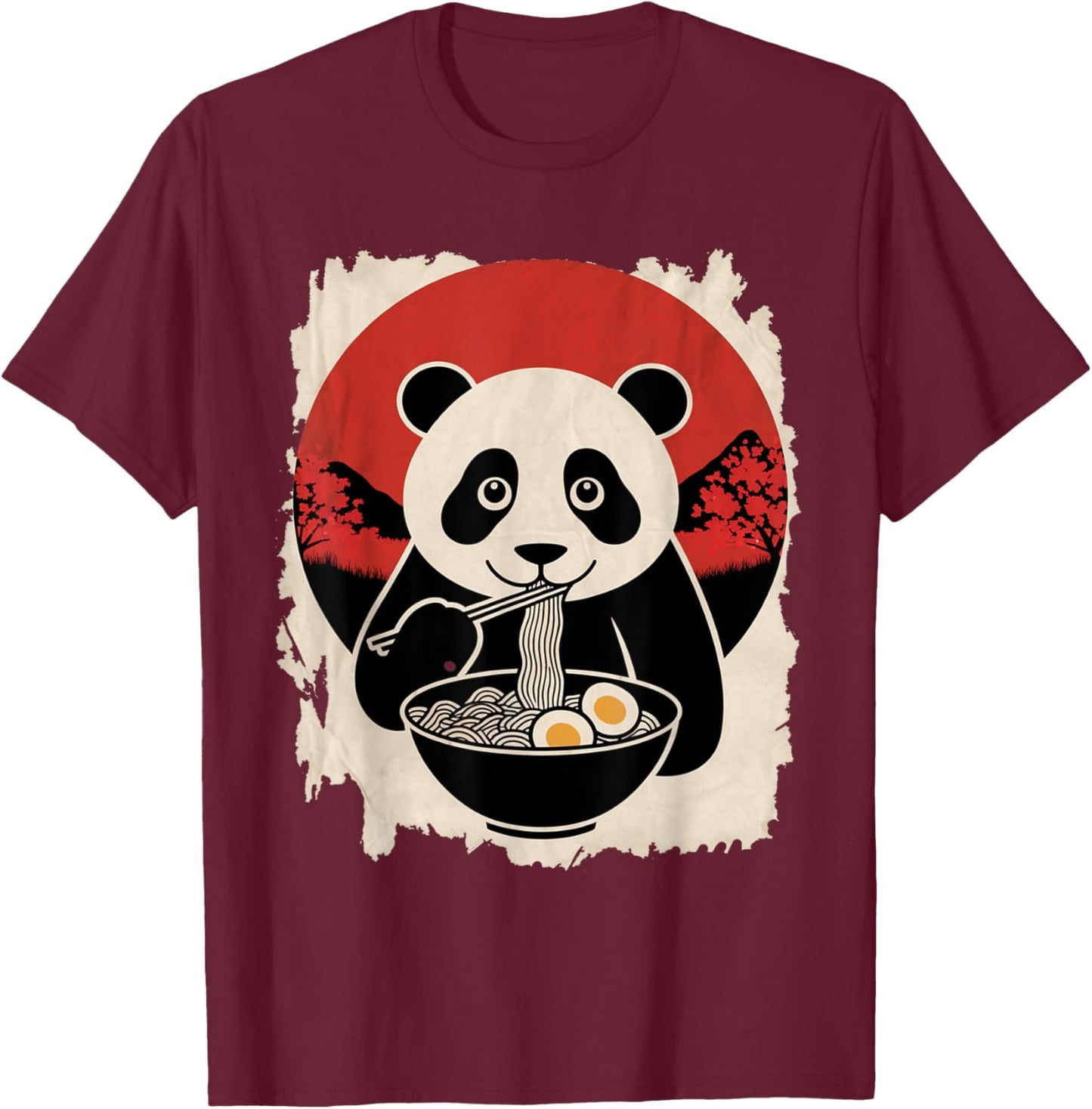 Panda Eating Noodles Art in Vintage Japanese Poster T-Shirt - T-Shirt | Maroon