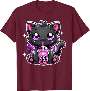 Black Cat Bubble Tea Boba Tea T-Shirt - T-Shirt | Maroon