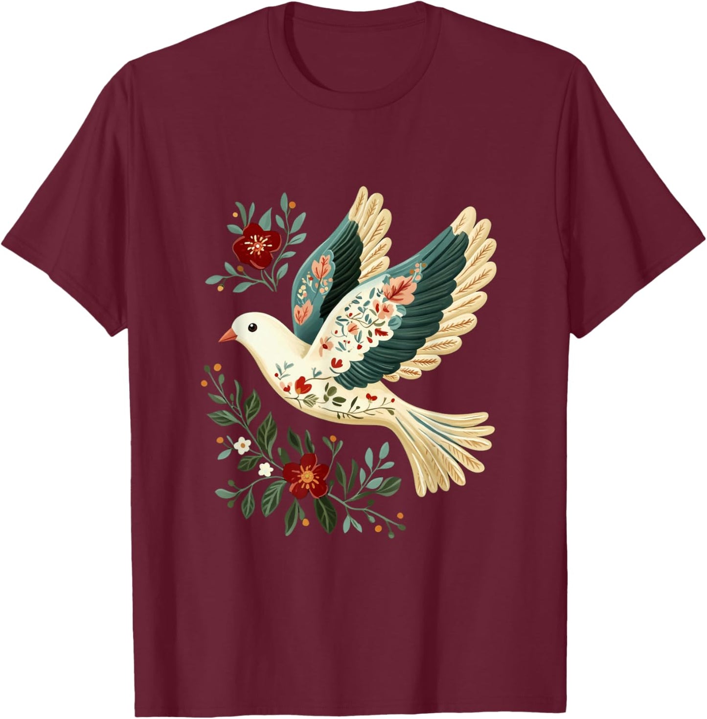 Friedenstaube Frieden Taube mit farbigen Blumen T-Shirt - T-Shirt | Maroon