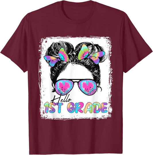 Hello 1st Grade Messy Hair Bun Girl Back To School First Day T-Shirt - T-Shirt | Maroon