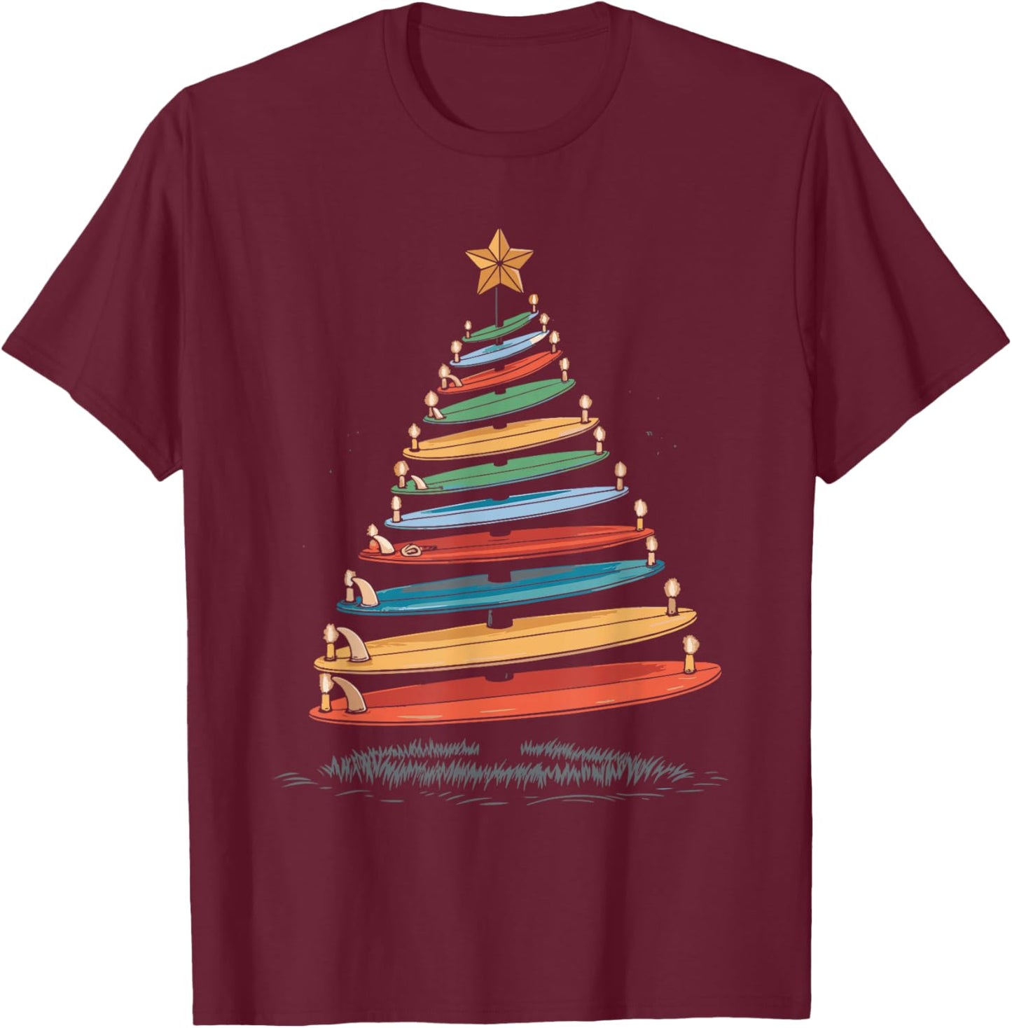 Christmas Tree Surfboard T-Shirt - T-Shirt | Maroon