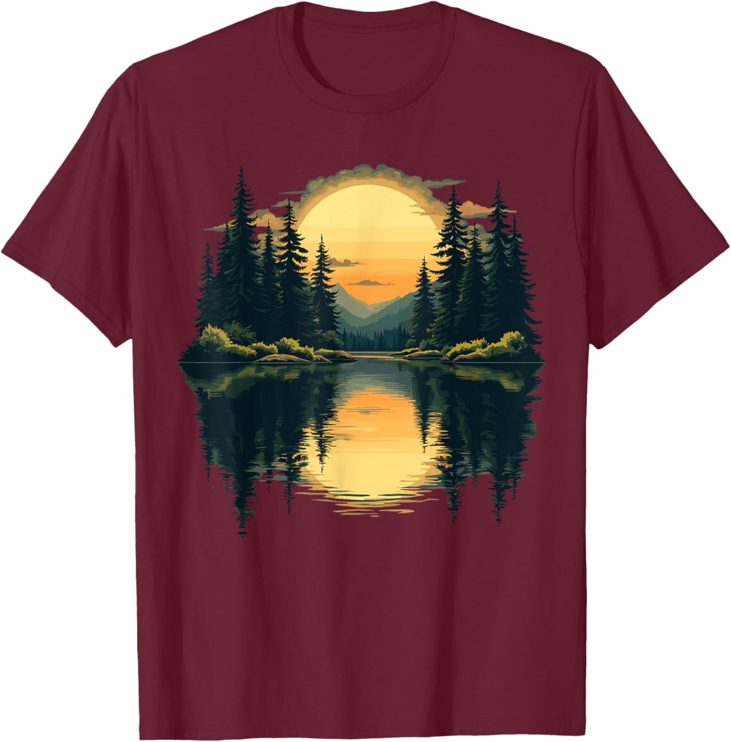 Nature Trees Reflection Forest Outdoor Wildlife T-Shirt - T-Shirt | Maroon