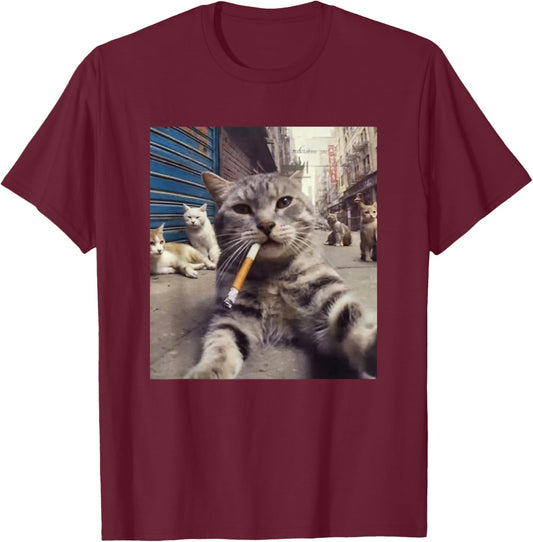 Street Gangster Cats Meme Cat Lovers Funny Memes Brainrot T-Shirt - T-Shirt | Maroon
