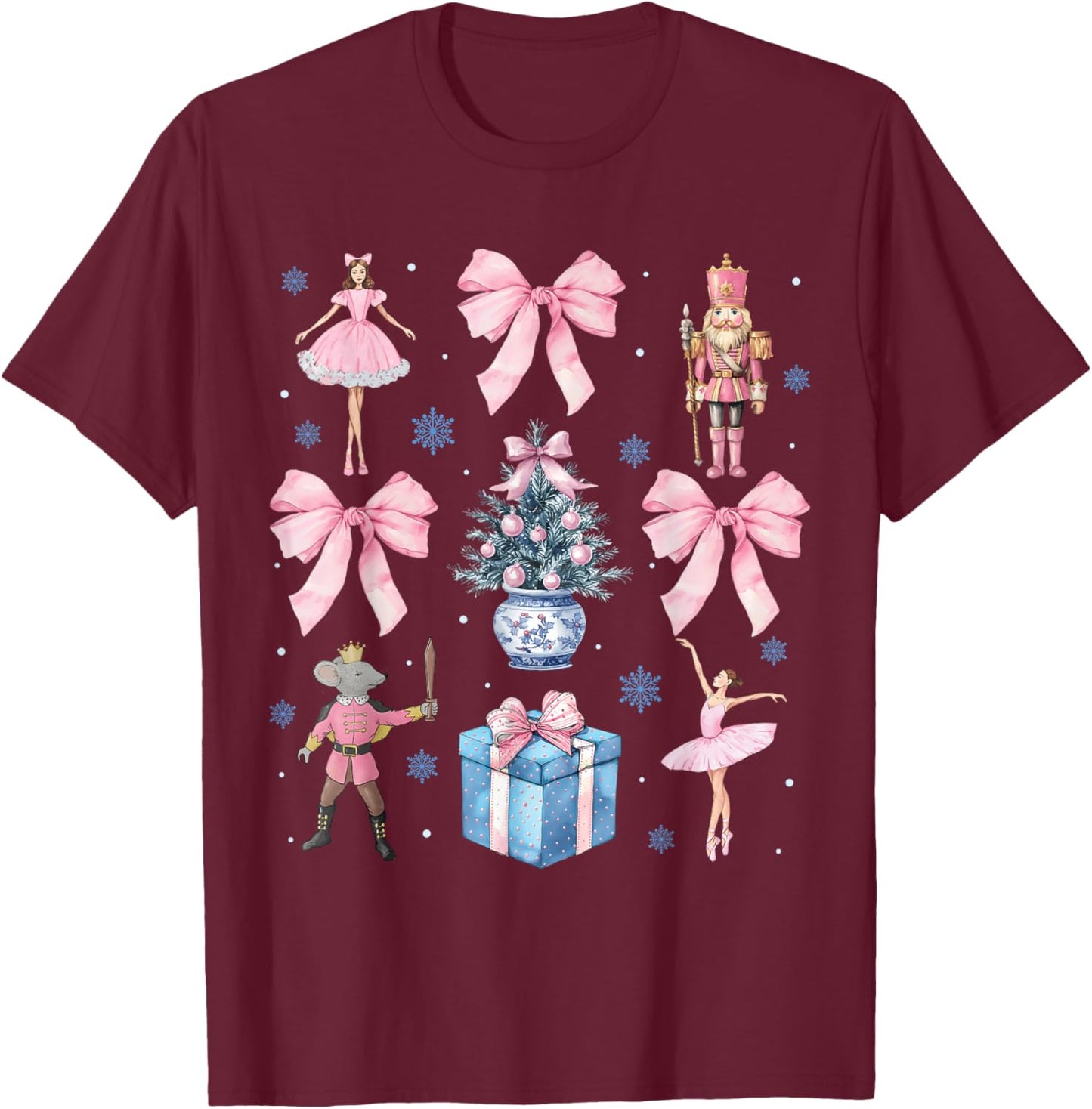 Pink Coquette Bow Christmas Nutcracker Ballet Xmas Holiday T-Shirt - T-Shirt | Maroon
