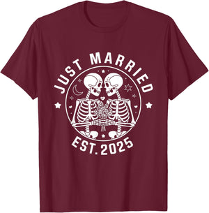 Just Married Skeleton Couple Est. 2025 T-Shirt - T-Shirt | Maroon