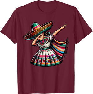 Funny Dabbing Mexican Poncho Sombrero Cinco de Mayo Girl T-Shirt - T-Shirt | Maroon