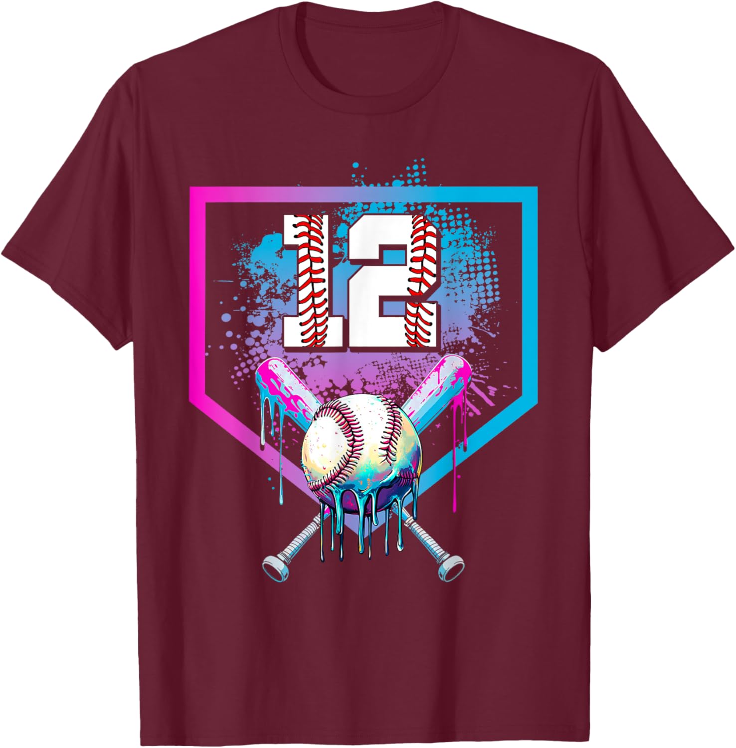 Baseball Drip 12th Birthday Home Plate Boy Youth 12 Year Old T-Shirt - T-Shirt | Maroon