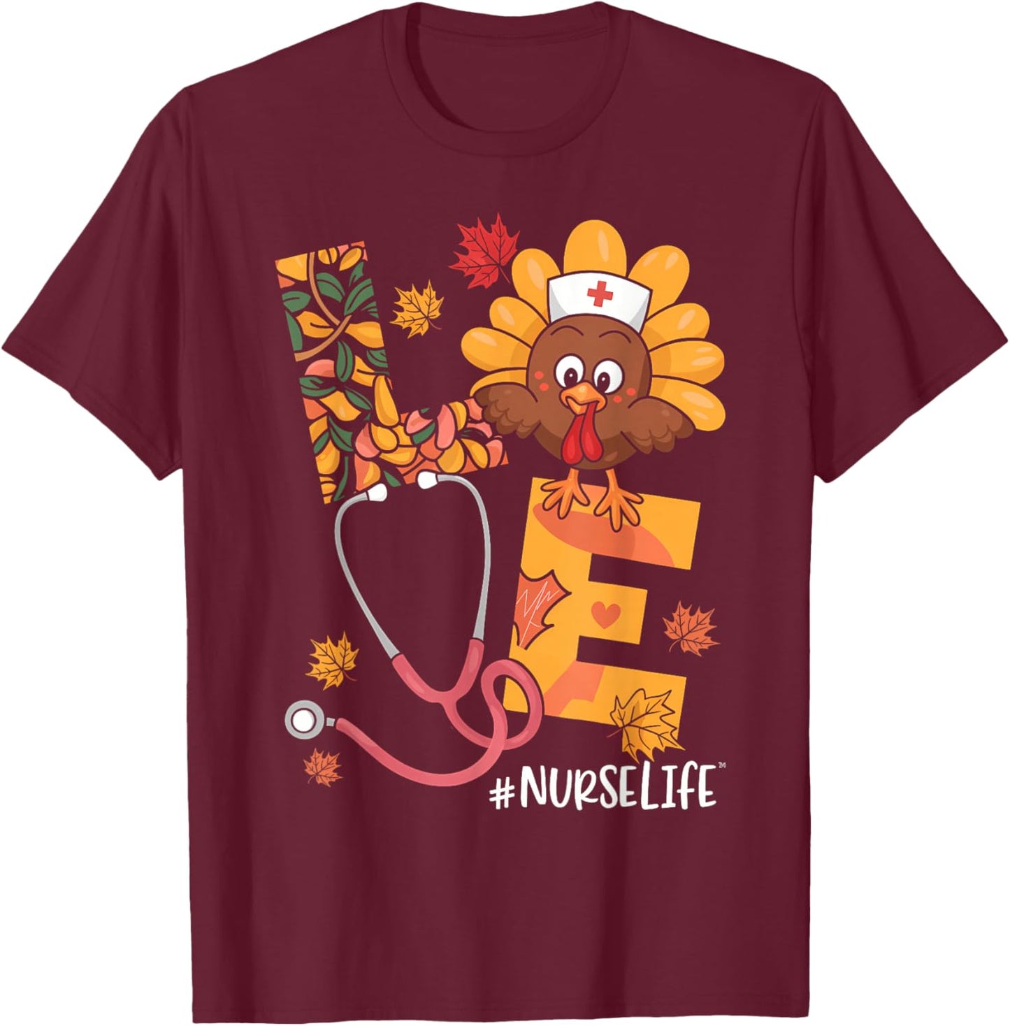 Turkey Nurse Thanksgiving Fall Scrub Nursing RN ICU ER Nicu T-Shirt - T-Shirt | Maroon