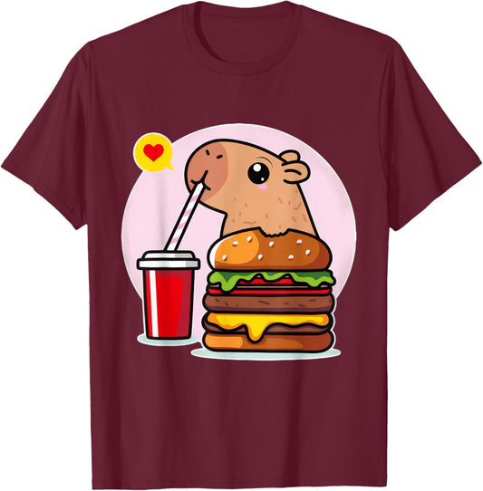 Cute Capybara And Hamburger Capybara Lover Kawaii Amine Kids T-Shirt - T-Shirt | Maroon