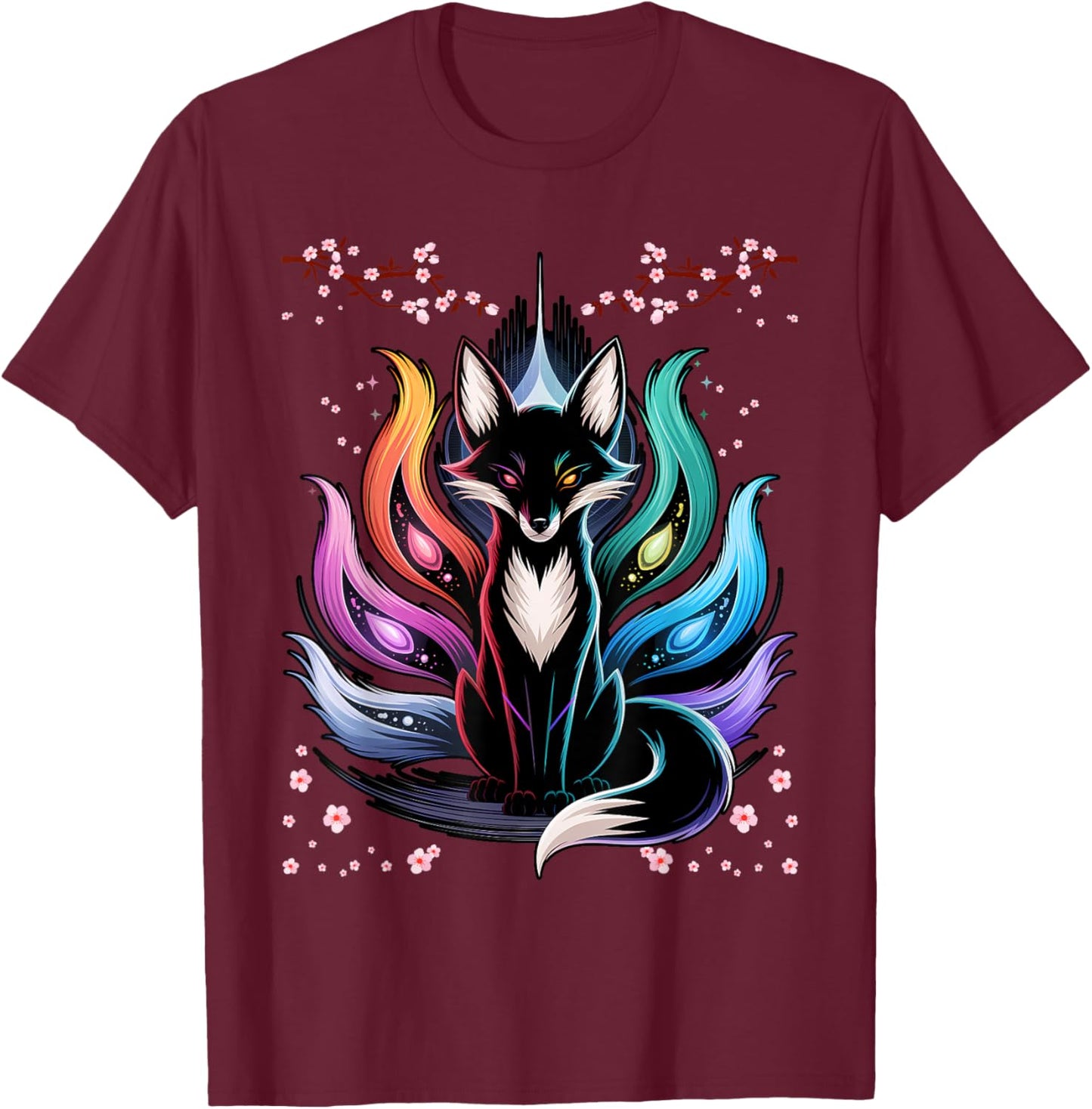 Japanese Fox Kitsune Seven Elements Cherry Flower Blossom T-Shirt - T-Shirt | Maroon