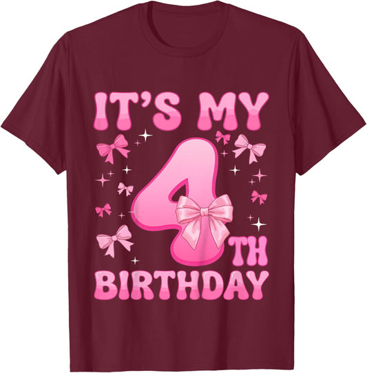 Kids 4th Birthday Shirt Girl Coquette Bow Kids Four 4 Year Old T-Shirt - T-Shirt | Maroon