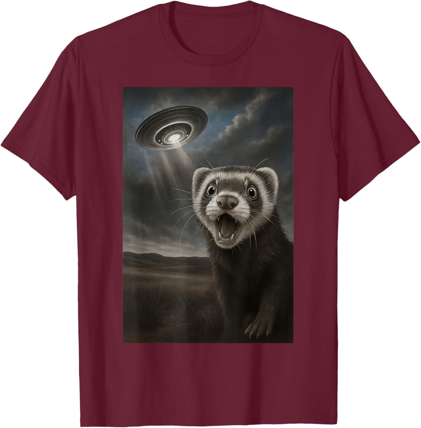 Funny Ferret UFO Shocked Alien Abduction Selfie T-Shirt - T-Shirt | Maroon