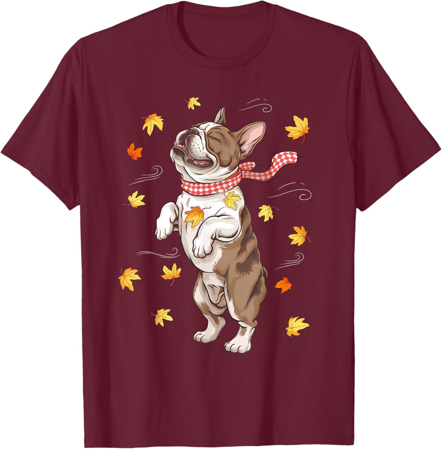 Cute Dog Autumn Fall Breeze Leaves French Bulldog T-Shirt - T-Shirt | Maroon