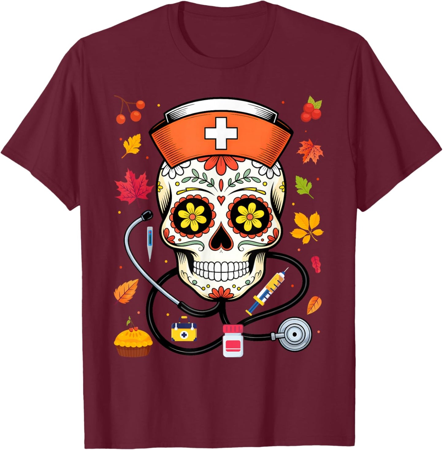 Sugar Skull Nurse Mexican Thanksgiving Fall Autumn Scrub Top T-Shirt - T-Shirt | Maroon