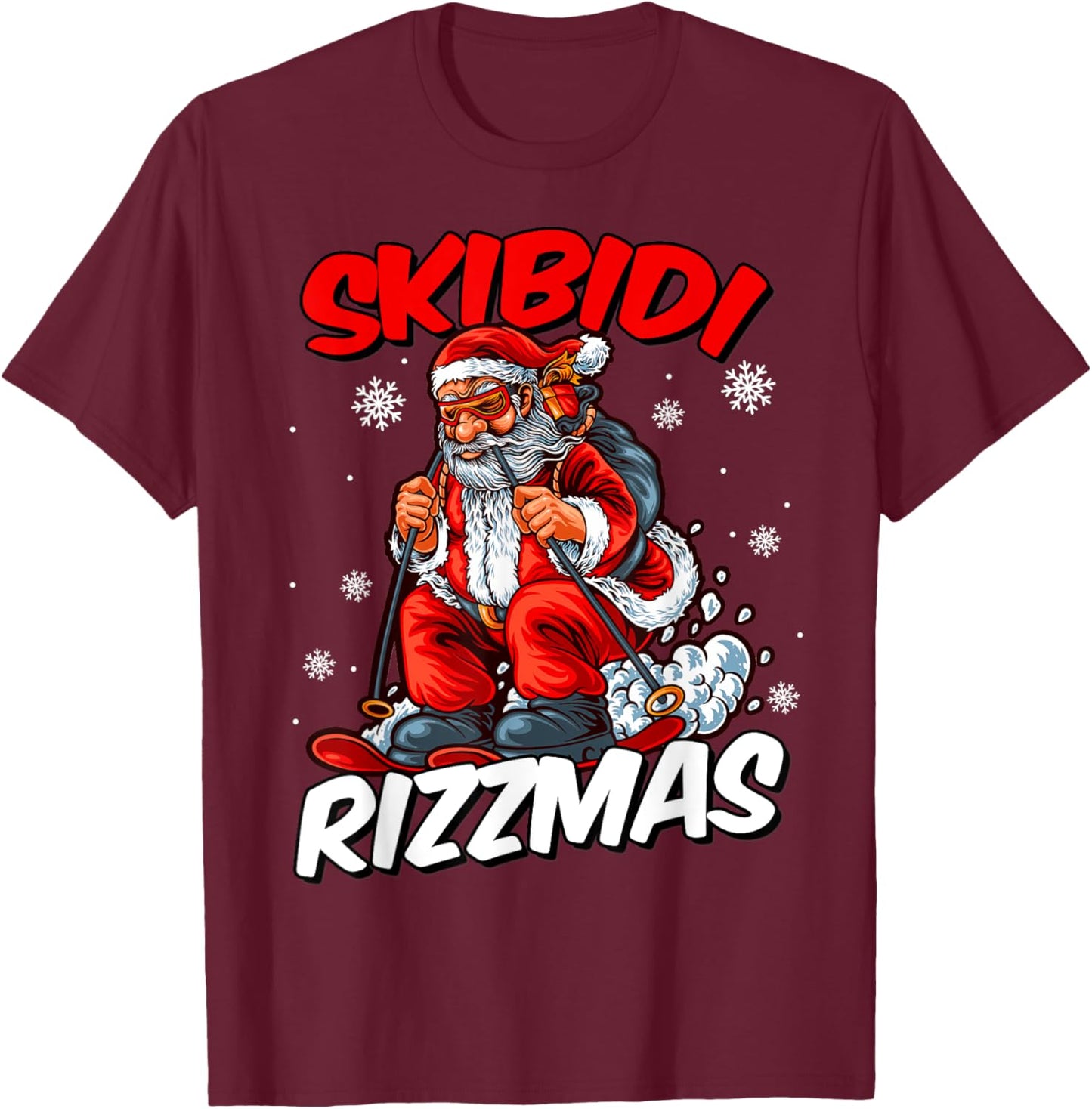 Retro Skibidi Rizzmas Funny Santa Clause Skiing_Xmas T-Shirt - T-Shirt | Maroon