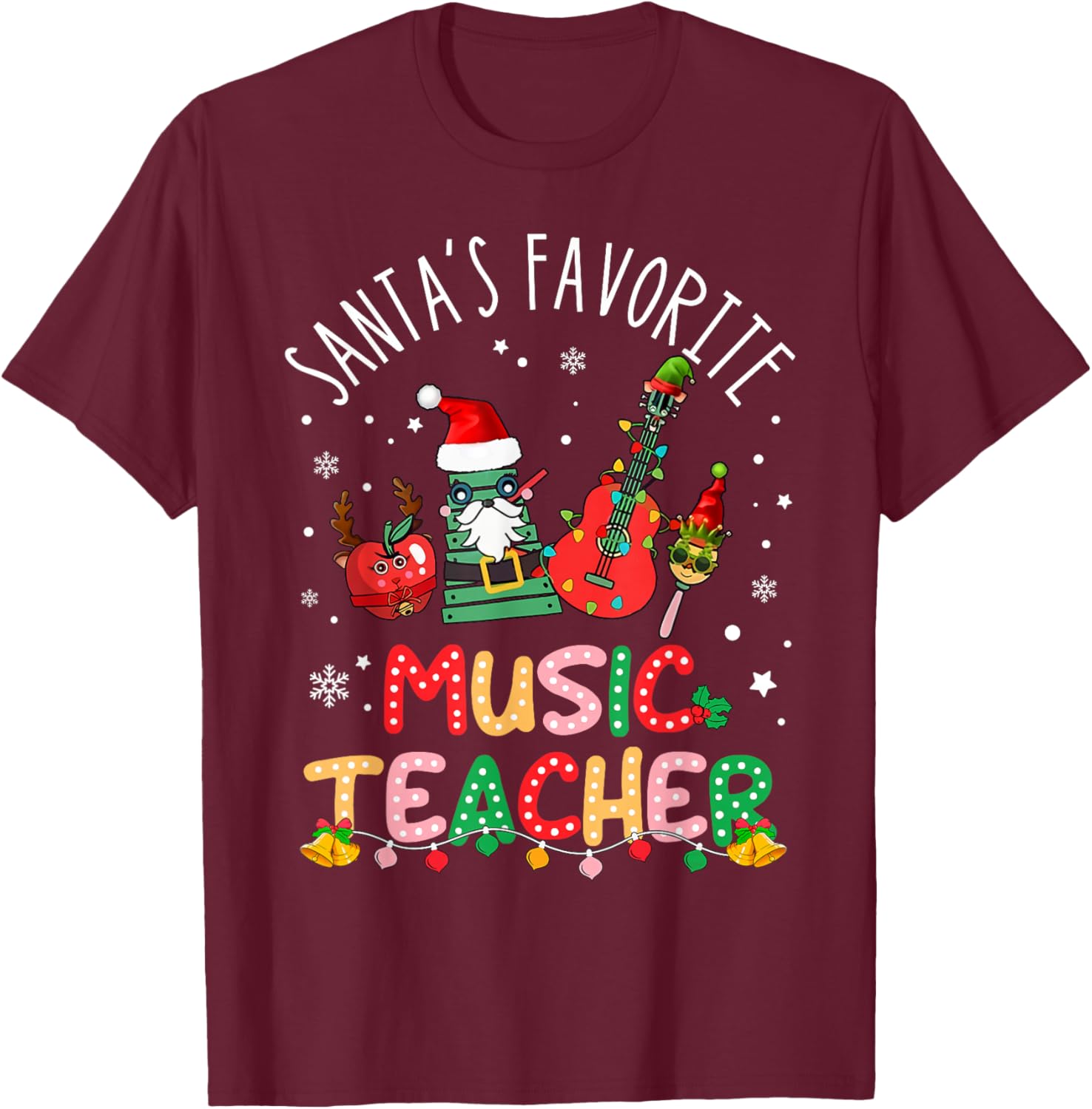 Santa's Favorite Music Teacher Christmas Santa Hat Matching T-Shirt - T-Shirt | Maroon
