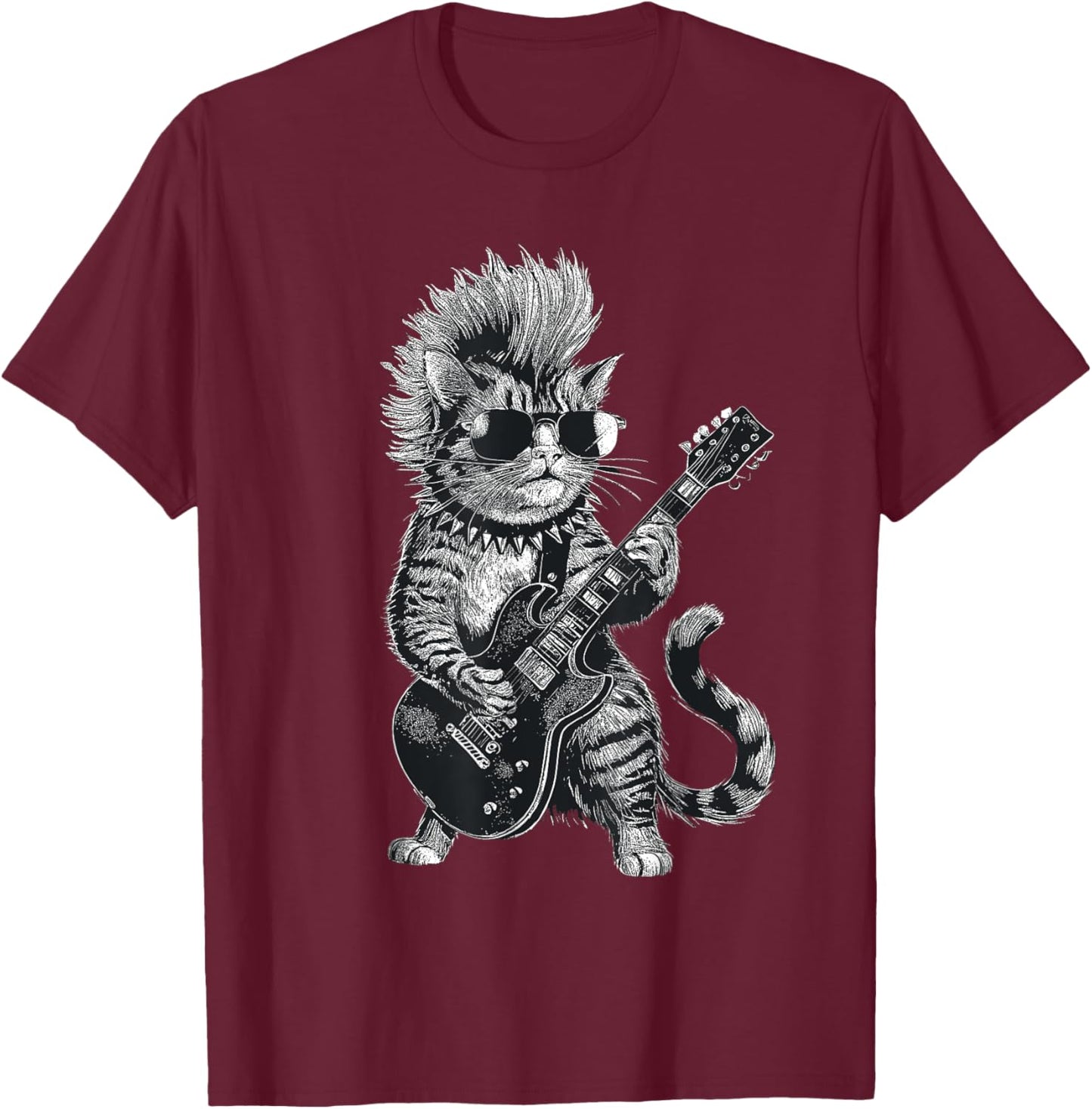 Cat Playing Electric Guitar Punk Rock Cat Rockstar T-Shirt - T-Shirt | Maroon