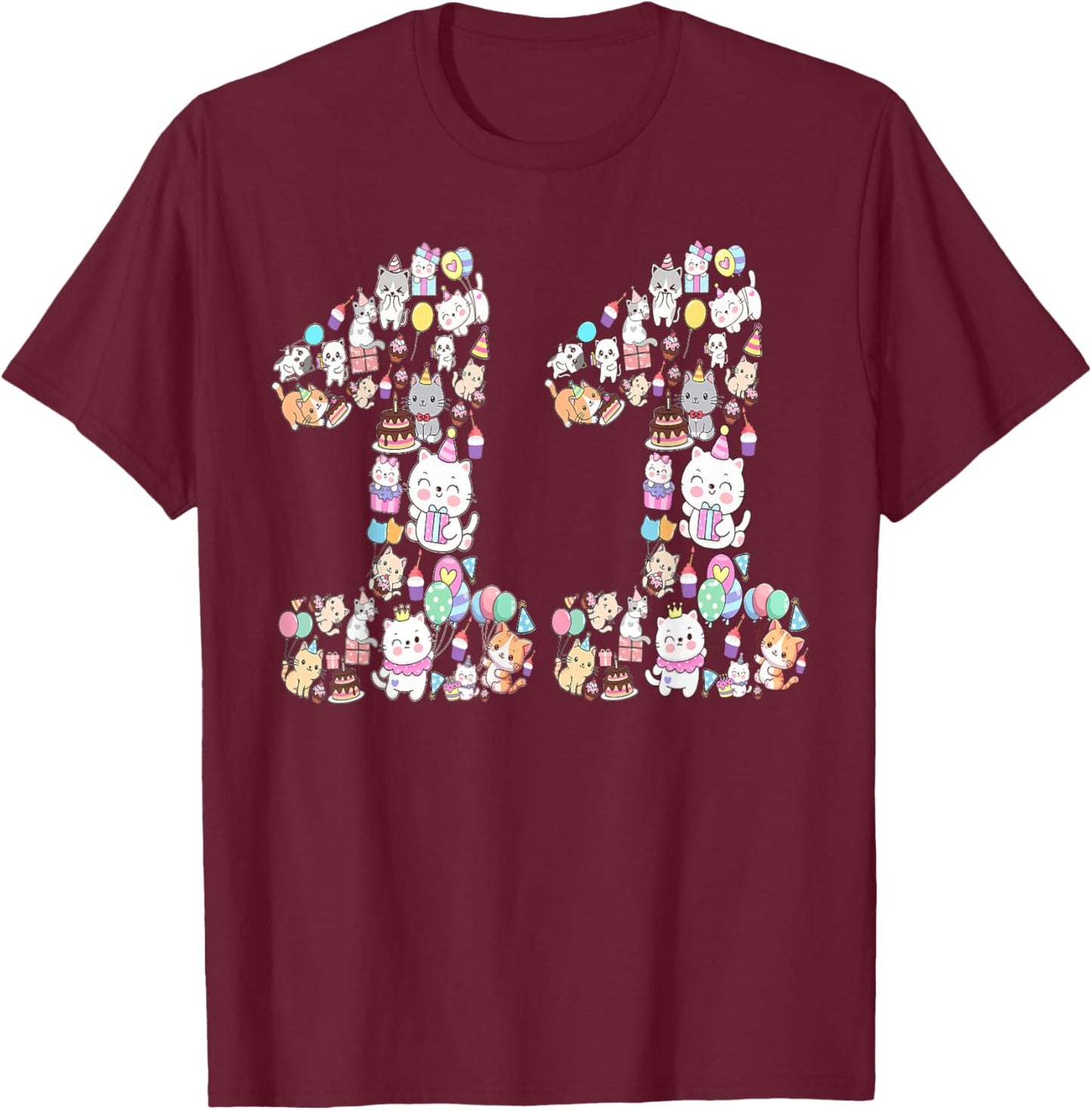 11 Year Old Cat Lover 11th Birthday Cat Animals Themed T-Shirt - T-Shirt | Maroon