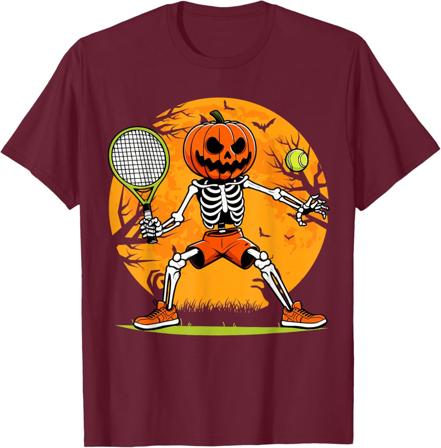 Halloween Tennis Pumpkin Head Skeleton Tennis Halloween T-Shirt - T-Shirt | Maroon