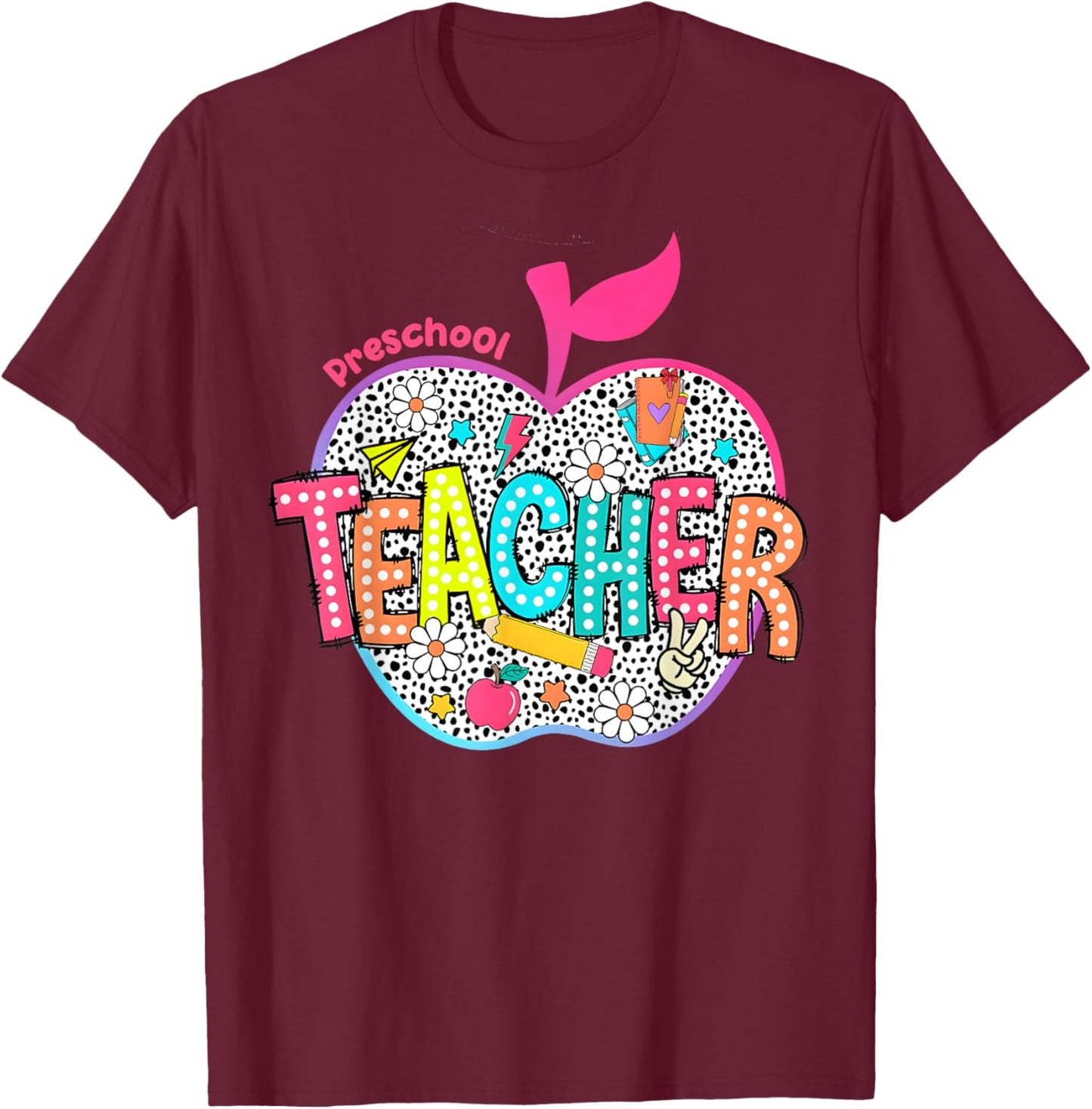 Preschool Teacher Flowers Retro Lightning Back To School Men Women Girls Kids T-Shirt - T-Shirt | Maroon