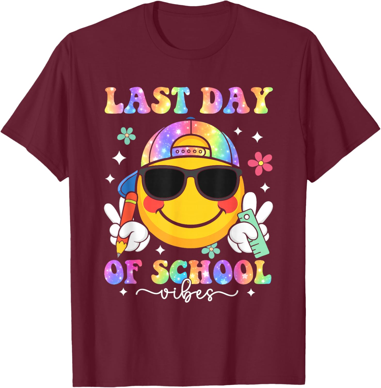 Groovy Last Day of School Vibes Smile Face Graduation Kids T-Shirt - T-Shirt | Maroon