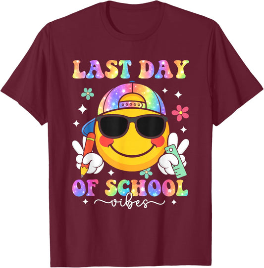 Groovy Last Day of School Vibes Smile Face Graduation Kids T-Shirt - T-Shirt | Maroon