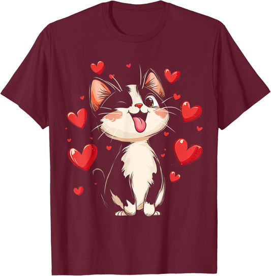 Valentines Day Design With A Cat On It T-Shirt - T-Shirt | Maroon