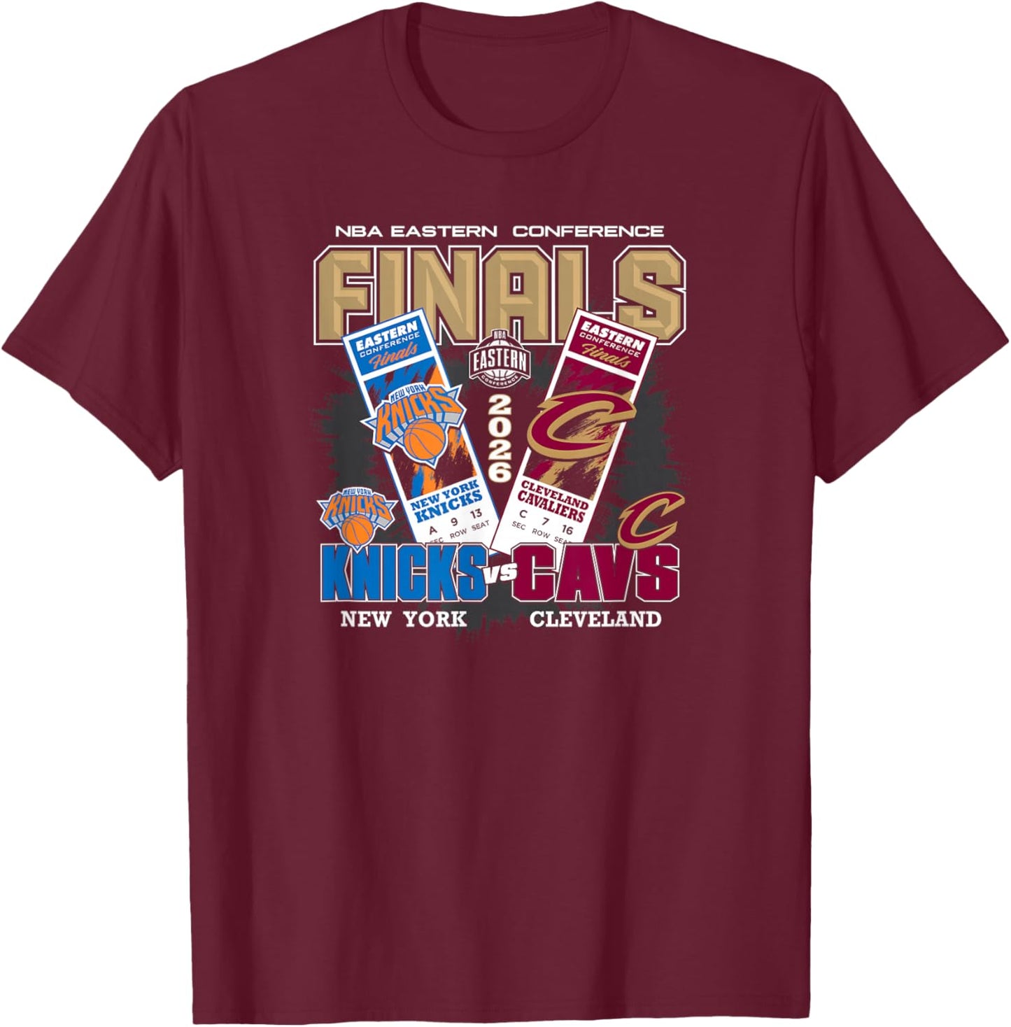 NBA 2026 Eastern Conference Finals Knicks vs Cavs Face Off T-Shirt - T-Shirt | Maroon