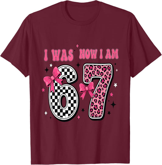 7th Birthday Girl I was 6 Now Im 7 Year Old 6 7 Coquette Bow T-Shirt - T-Shirt | Maroon