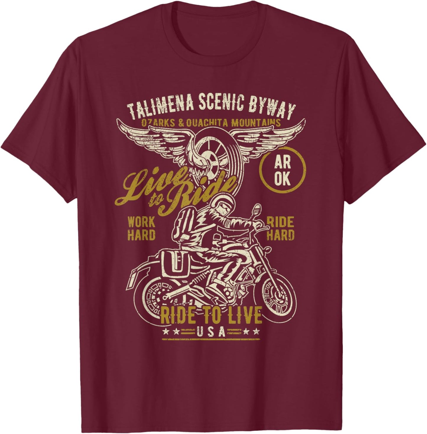 Talimena Scenic Byway AR OK USA Motorcycle Distressed Design T-Shirt - T-Shirt | Maroon
