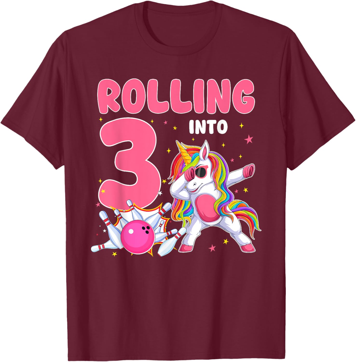 Rolling Into 3 3rd Birthday Unicorn Bowling 3 Year Old T-Shirt - T-Shirt | Maroon