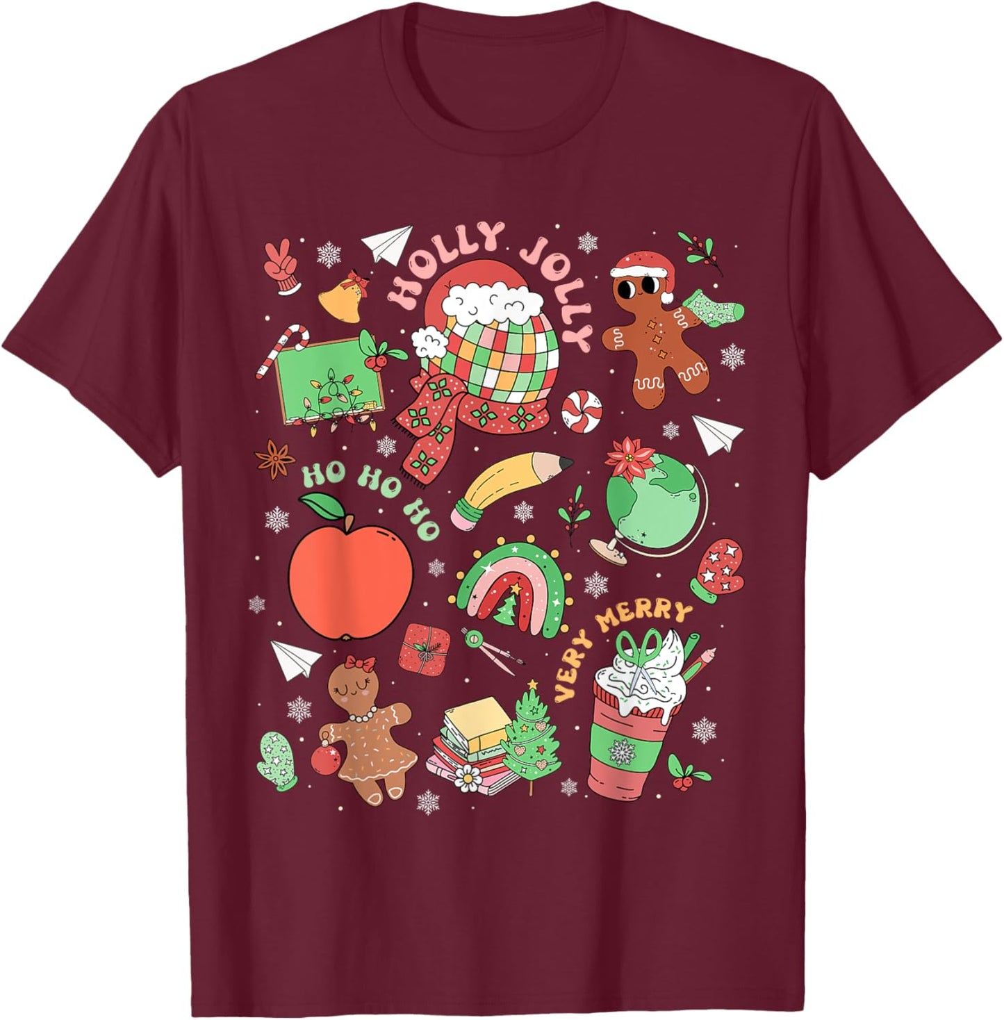 Retro Very Merry Teacher Gingerbread Rainbow Xmas Holiday T-Shirt - T-Shirt | Maroon