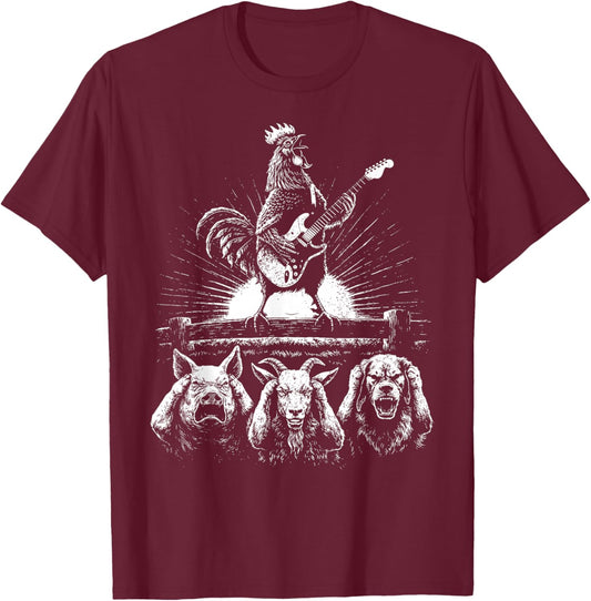 Funny Rooster Playing Electric Guitar Loud Rock Music Alarm T-Shirt - T-Shirt | Maroon