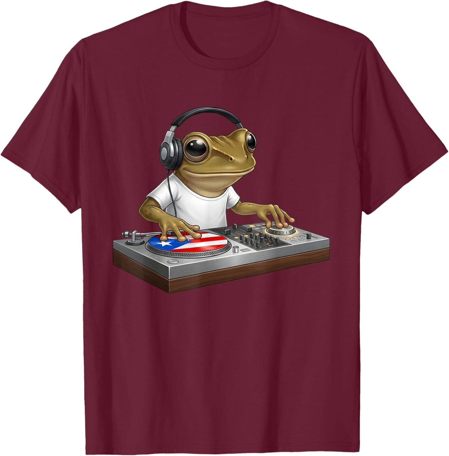Puerto Rico Coqui Frog DJ Turntable Music PR Flag T-Shirt - T-Shirt | Maroon