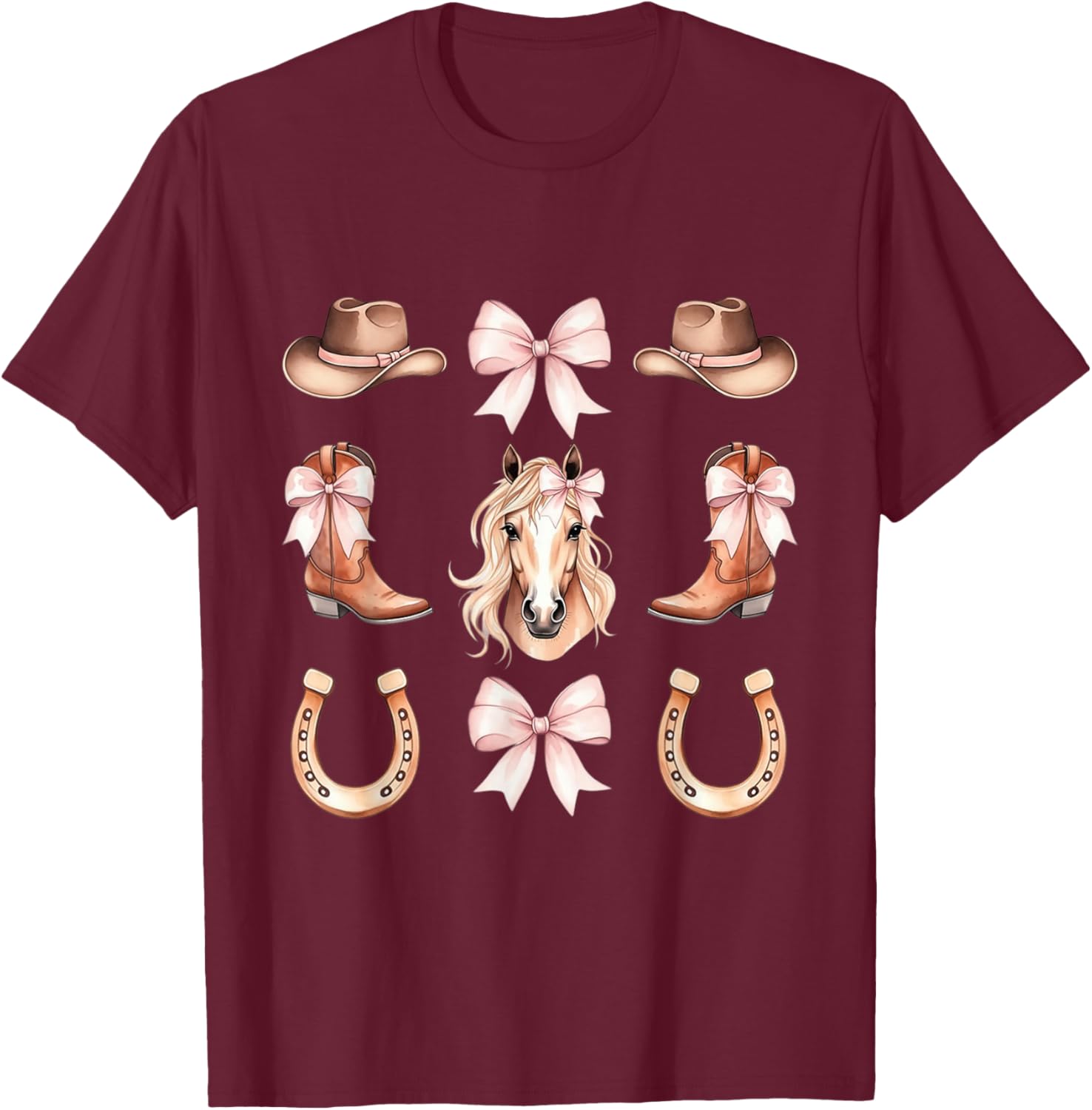 Coquette Cowgirl Aesthetic Horse and Boots with Pink Bows T-Shirt - T-Shirt | Maroon
