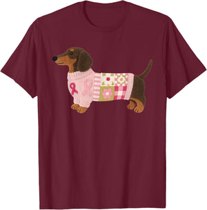 Dachshund Pink Ribbon Breast Cancer Awareness T-Shirt - T-Shirt | Maroon