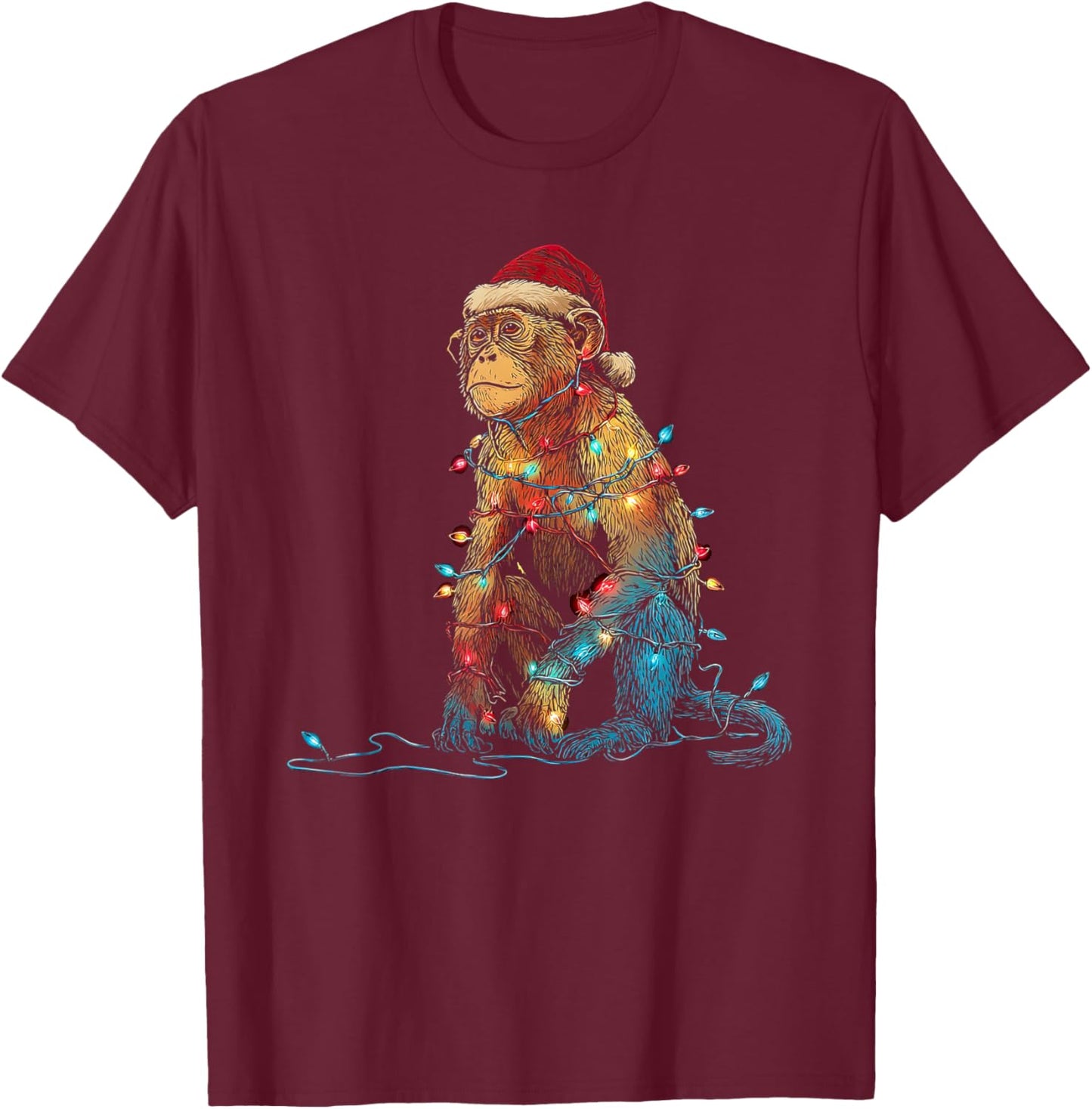 Funny Monkey Christmas Graphics Animal Lights Lover T-Shirt - T-Shirt | Maroon