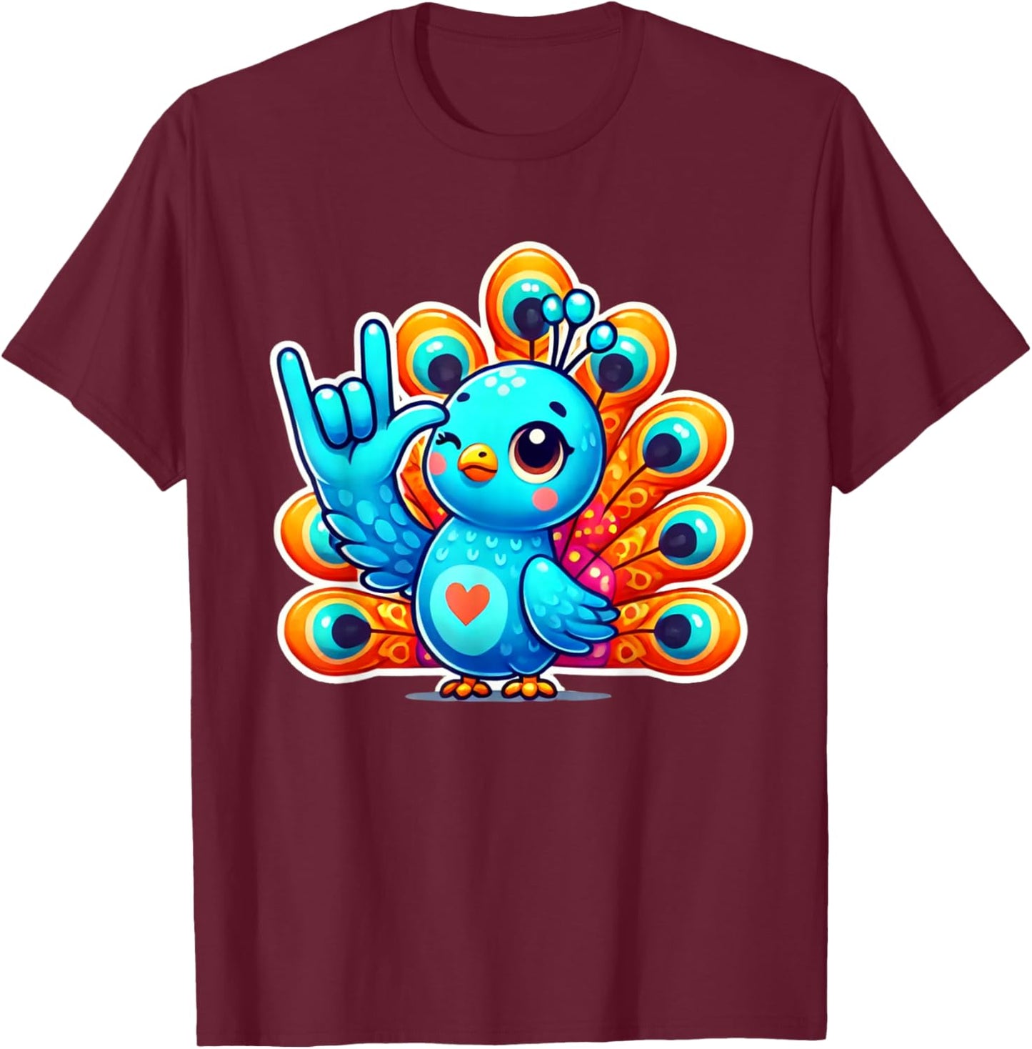 Cute Peacock Bird Love You Hand Sign Language ASL T-Shirt - T-Shirt | Maroon