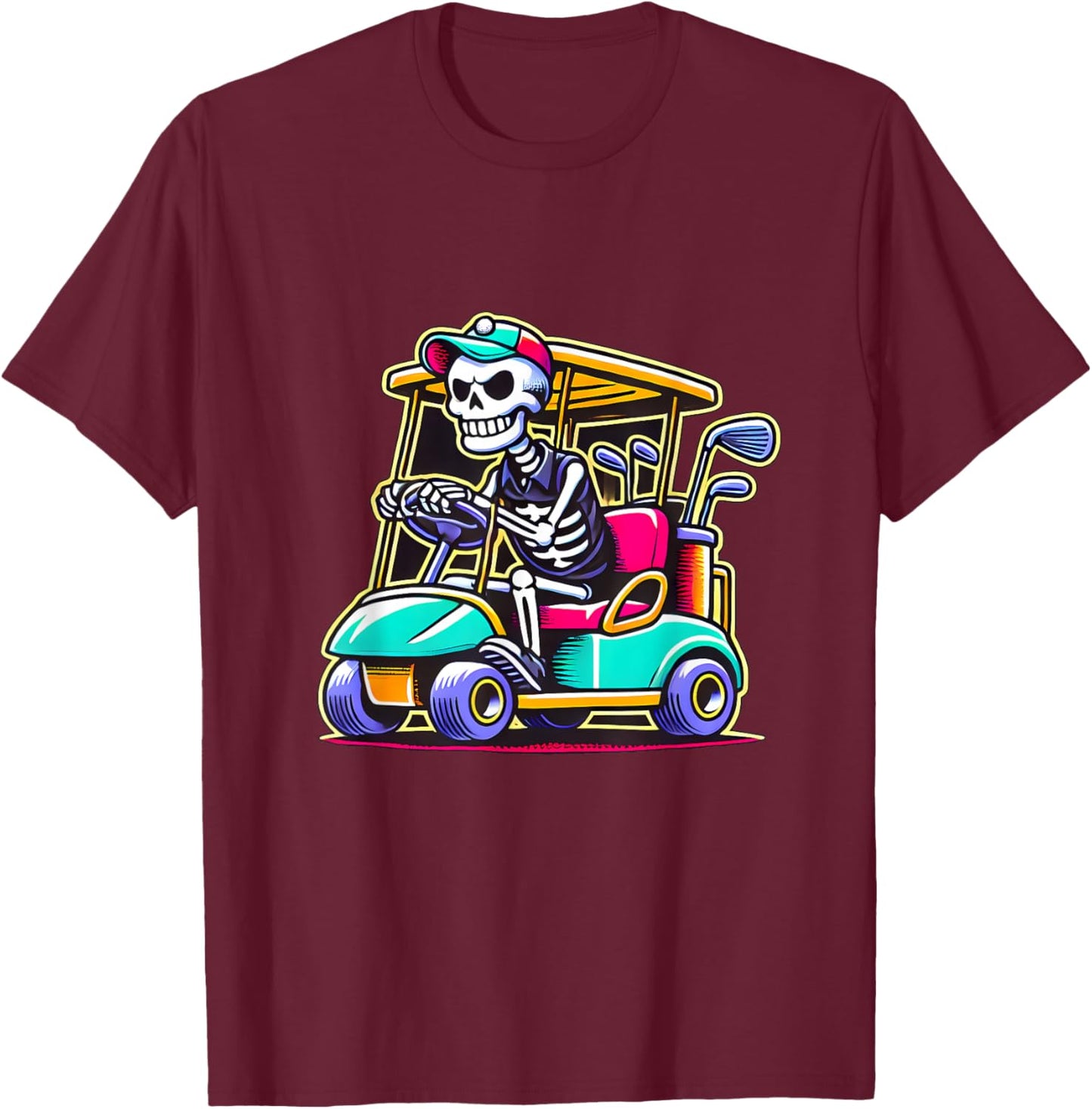 Halloween Skeleton Golf Cart Golfer T-Shirt - T-Shirt | Maroon
