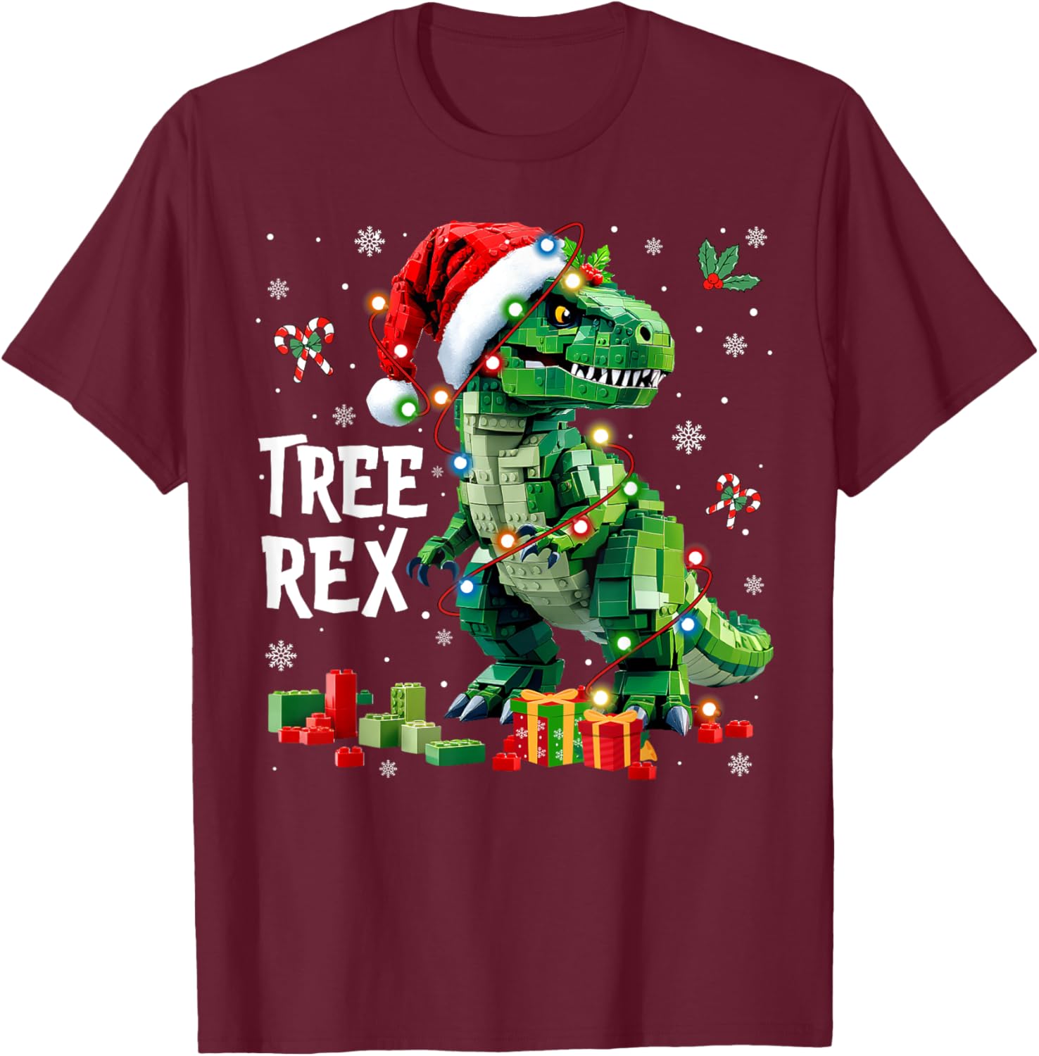 Christmas Builder Block Brick Building Dinosaur Boys T-Shirt - T-Shirt | Maroon