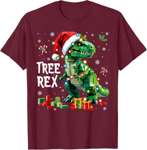 Christmas Builder Block Brick Building Dinosaur Boys T-Shirt - T-Shirt | Maroon